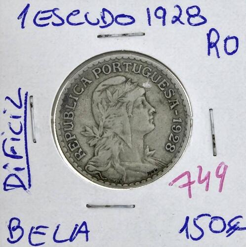 Lote 1119 - Moeda de 1 Escudo 1928 - Valor de Catálogo (Moedas de Portugal 2013 de Reinaldo Silva) de 150€ - estado Belo (R0)