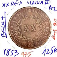 Lote 1160 - Moeda RARA e VALIOSA de XX RÉIS D. MARIA II 1853 em estado BELA+ com valor pelo catálogo Moedas de Portugal de Reinaldo Silva de 90€ em BELA. Excelente investimento. (M0)