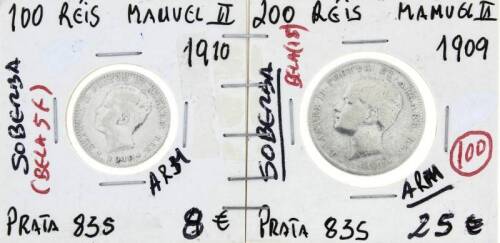 Lote 1189 - Conjunto de 2 moedas de 100 e 200 RÉIS D. MANUEL II 1910 e 1909, respetivamente, em estado SOBERBAS com valor de catálogo Moedas de Portugal de Reinaldo Silva 20€ em BELAS. Excelente investimento. (M0)