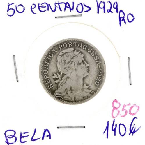 Lote 1190 - Moeda de 50 centavos 1929 – Valor de Catálogo (Moedas de Portugal 2013 de Reinaldo Silva) de 140€ - estado Belo (R0)