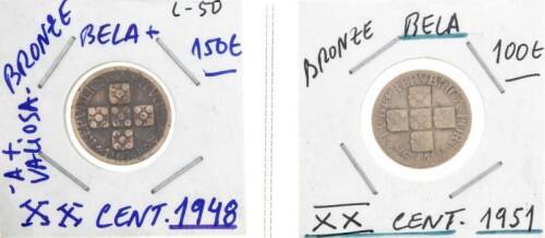 Lote 1194 - Conjunto de 2 moedas de Bronze de XX CENTAVOS: - de 1948 que é a mais valiosa da colecção, em Bela+ e de 1951 que com a de 1952 são as 2ªs mais valiosas, com um valor de catálogo de cerca de 250 euros