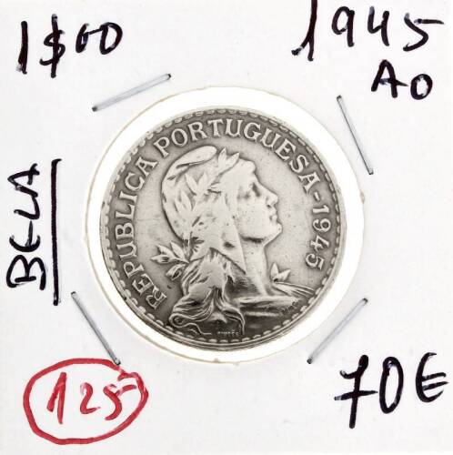 Lote 1199 - Moeda de 1$00 ALPACA de 1945 em BELA com valor de catálogo Moedas de Portugal de Reinaldo Silva 70€. Excelente investimento. (REP)