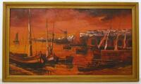 Lote 1500199 - Óleo sobre tela, assinado, motivo barcos, com moldura, 57,5x98 cm, apresenta falhas