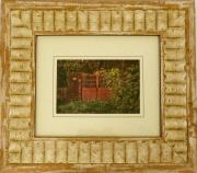Lote 1500276 - Liotografia sobre papel, assinada, Paisagem com cabana, com 23x28 cm, com moldura de madeira trabalhada com pintura decapé