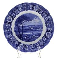 Lote 73 - Grande prato Faiança Inglesa antiga decorado com paisagem e flores. Dim: 29 cm