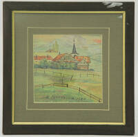 Lote 77 - Original - Técnica mista sobre papel com motivo de paisagem com casario, assinada (E. Odrivazzo ?), datada de 1925, com moldura em madeira. Dimensão: mancha pictórica 14,5x14,5 cm, moldura com 28x28 cm. Marcas na moldura.