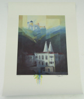 Lote 112 - P. Vilas Boas - Original - Serigrafia sobre papel com motivo de Palácio da Vila e Palácio da Pena, Sintra, assinada e datada de 2000, com o número de série 37/70, com 45x34 cm (medida total do papel com 50x70 cm). SEM MOLDURA. Bom estado, supor