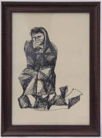 Lote 124 - Júlio Resende (1917-2011) - Reprodução em papel de desenho de 1957 - Póvoa de Varzim, motivo "Mulher", mancha com 22x17 cm. e moldura com 34x25 cm. Nota: Mestre da Arte Portuguesa do último século, premiado e agraciado diversas vezes em Portuga