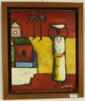 Lote 160 - Quadro a oleo sobre tela, pintura africana de N. Frelo. Cores fortes, tema mulher junto a casa com as medidas de 26x21cm com moldura.