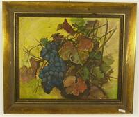 Lote 199 - Quadro a oleo sobre tela, pintura portuguesa sec. XX com as iniciais e data ilegivel, representando latada de videira com uvas tintas com a medida de 43x50cm emoldurado.