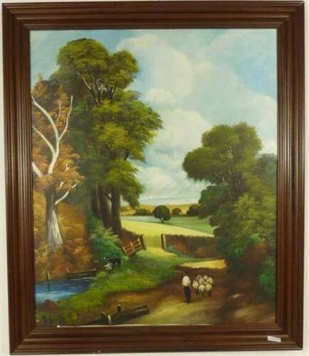 Lote 929 - Quadro com pintura a óleo sobre tela, assinado M. Sousa, motivo "Homem com rebanho" - arredores de Viseu - Mangualde, com 60x50 cm