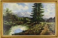 Lote 4178 - Rosabós - Original - Pintura a óleo sobre tela, assinada, motivo "Paisagem com Caminho e Lago", com 73x116 cm (moldura dourada com 85x126 cm, com falhas). Óleo foi à praça numa leiloeira de Lisboa com estimativa de € 400