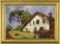 Lote 4031 - Pintura a óleo sobre platex Original - Assinatura ilegível, motivo "Paisagem com Casario", com 24x35 cm (moldura dourada com 30x42 cm)