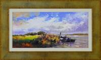 Lote 5003 - Mota Urgeiro - Original - Pintura a óleo sobre madeira, assinada, título "Valas do Tejo", com 24x50 cm (moldura dourada com 39x65 cm). Óleo deste autor foi vendido por € 3.400 numa leiloeira de Lisboa. Nota: Mota Urgeiro é considerado o expoen