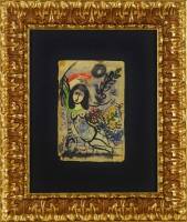 Lote 5123 - Marc Chagall (1887-1985) - Original - Técnica mista sobre papel, assinada, motivo "Figurativo", com 23,5x15,5 cm (moldura dourada com 52,5x44,5 cm). Obras deste autor são vendidas por € 273.680 em leiloeiras internacionais. Nota: Marc Chagall 