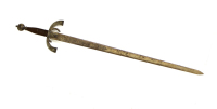 Lote 4101 - Réplica de espada medieval em ferro com lâmina com decoração lavrada com a inscrição "Duque de Alba". Dim: 105 cm. Notas: sinais de uso e oxidação