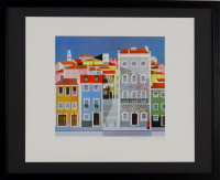 Lote 4228 - Thomaz de Mello (TOM) - Serigrafia sobre papel, assinada, série 82/480, datada de 1986, motivo "Vista de Alfama", mancha colorida com 34x40 cm (moldura com 42x52 cm). Nota: TOM é um pintor sobejamente conhecido pela utilização de figurativos a