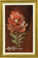 Lote 4240 - Maria Adelaide Lima Cruz (1908-1985) - Original - Pintura a óleo sobre madeira, assinada, motivo "Flor", com 36x22 cm (moldura dourada com 45x30 cm, com falhas). Obra desta autora foi vendida por € 4.300 numa leiloeira de Lisboa. Nota: Maria A