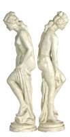 Lote 4317 - Par de esculturas em porcelana blanc, estilo renascentista representando figura de mulher semi-nua. Espanha Anos 50-60. Base marcado com selo da URREGUI, S.L. Alt. 60cm. Nota: Adquirido em antiquário da Rua de S. Bento em Lisboa por € 600 o pa