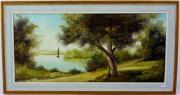 Lote 264 - Quadro com pintura a óleo sobre tela, assinatura ilegível, motivo "Paisagem com Barco", com 36x78 cm