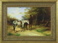 Lote 4367 - Pintura a óleo sobre madeira, assinada Jan Mortel, motivo "Paisagem com Cavalos", com 40x60 cm (moldura dourada com 59x79 cm, pequenas falhas)