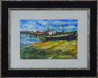 Lote 4377 - Nicoleta Sandulescu - Original - Aguarela sobre papel, assinada, motivo "Barcos, com
20x29 cm (moldura com 39x49 cm). Verso com Certificado de Autenticidade