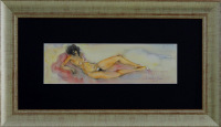 Lote 4418 - José Pádua (n.1934) - Original - Desenho a tinta da china e aguarela sobre papel, assinado, datado de 2010, motivo "Nu Feminino", com 14,5x49 cm (moldura com 47 x81,5 cm). Nota: José Pádua nasceu em Moçambique em 1934, residindo em Lisboa desd