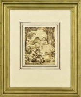 Lote 4502 - Rembrandt (1606-1669) - Gravura sobre papel, não assinada, motivo "Figuras - Anjo da Guarda", com 22x18 cm (moldura dourada com 56x47 cm, pequenas falhas). Nota: Uma gravura deste pintor foi vendida por € 500 numa leiloeira de Lisboa. Nota: Re