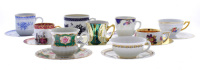 Lote 4549 - Conjunto de 9 chávenas diversas com respectivos pires, composto por 1 chávena de chá da VISTA ALEGRE; 4 chávenas de café da VISTA ALEGRE; 3 chávenas de café sem marca, mas muito antigas; 1 chávena de café RoyaL China – SELT MANN – Bavária. No