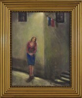 Lote 4551 - Hébil, Alberto Pinto (1913-1998) - Original - Pintura a óleo sobre tela cartonada, assinada, motivo "Senhora à Esquina", mancha colorida com 50x40cm (moldura dourada com 64x54 cm). Nota: Hébil foi aluno de Marcel Thuillier da Academia de Belas