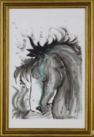 Lote 4561 - Ligia Romano (n.1981) - Original - Técnica mista sobre papel, assinada, datada de 2014, motivo da série "Horses", com 58x40 cm (moldura dourada com 80x55 cm). Nota: Lígia Romano é uma artista plástica, que desenha e pinta desde os 13 anos de i