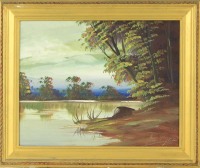 Lote 4568 - J. Rodrigues - Original - Pintura a óleo sobre platex, assinada, motivo "Paisagem", com 39x49 cm (moldura dourada com 50x60 cm, com falhas)