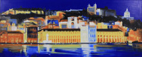 Lote 4588 - João Lima - Original - Pintura a óleo sobre tela, assinada, motivo "Vista de Lisboa", com 60x150 cm. Nota: João Lima é um artista multifacetado que se dedica à pintura, escultura e instalação, estando espalhadas as suas obras por várias colecç