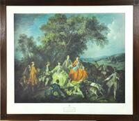 Lote 4891 - Gravura antiga sobre papel de uma obra de Nicolas Lancret (1690-1743), título "The Picnic After The Hunt", obra de 1740, com 60x74 (moldura Império com 80x93 cm)