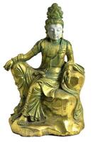 Lote 4991 - Divindade oriental, escultura em mármore integralmente dourado e patinado com cara em mármore branco. Dim: 60x40x25 cm.