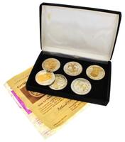 Lote 4820 - Conjunto de 6 medalhas "Double Eagle"comemorativas, da " The National Historic Mint", com imagem de 6 presidentes norte-americanos, em prata 999 e banho de ouro de 24 k e um peso total de 160 g, em caixa própria e certificado