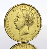 Lote 3 - Moeda de ouro - 5.000 Reis (Meia Coroa) de D. Luís I de 1862. Peso: 8.87 g. Notas: moeda idêntica à venda por € 375 em http://www.nnd.com.pt/index.php?option=com_eshop&view=product&id=5895&catid=19&Itemid=138