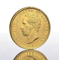 Lote 5 - Moeda de ouro - 5.000 Reis de D. Luís I de 1887. Peso: 8.87 g. Notas: moeda idêntica à venda por € 425 em http://www.nnd.com.pt/index.php?option=com_eshop&view=product&id=5243&catid=223&Itemid=137