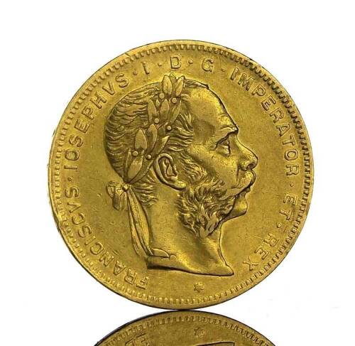 Lote 21 - Moeda de Ouro - 8 Florins/20 Francos de FRANCISCVS · IOSEPHVS · I · D · G · IMPERATOR · ET · REX de 1876, com o peso de 6,4g. Notas: moeda idêntica à venda por € 303 em http://www.ebay.com/itm/like/231756107702?item=231756107702&lgeo=1&vectori