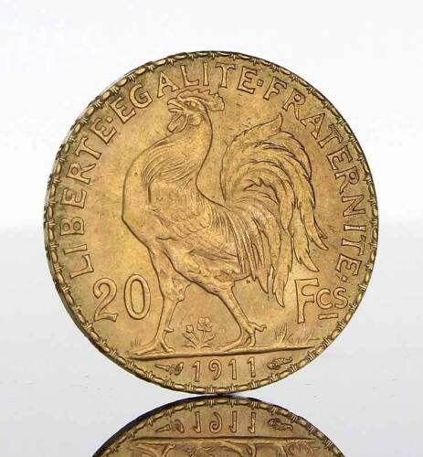 Lote 23 - Moeda de Ouro - 20 Francos da República Francesa de 1911. Peso: 6.45 g. Notas: moeda idêntica à venda por € 232 em http://www.ebay.com/itm/1911-FRANCE-FRENCH-ROOSTER-20-FRANCS-GOLD-COIN-/301794915953