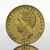 Lote 26 - Moeda de Ouro - 2000 Reis de D. Luís I de 1874. Peso: 3.55 g. Notas: moeda ifoi à paraça por € 200 na leiloeira Numisma