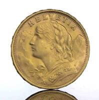 Lote 31 - Moeda de Ouro - 20 Francos Helvetia de 1949. Peso: 6.45 g. Notas: moeda idêntica à venda por € 226 em http://taxfreegold.co.uk/switzerland20francsvrenelli.php