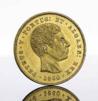 Lote 34 - Moeda de ouro - 5000 Reis (Meia Coroa) de D. Pedro V de 1860. Peso: 8.87 g. Notas: moeda idêntica à venda por € 390 em http://www.nnd.com.pt/index.php?option=com_eshop&view=product&id=5889&catid=183&Itemid=137