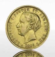 Lote 43 - Moeda de ouro - 5.000 Reis (Meia Coroa) de D. Luís I de 1862. Peso: 8.87 g. Notas: moeda idêntica à venda por € 375 em http://www.nnd.com.pt/index.php?option=com_eshop&view=product&id=5895&catid=19&Itemid=138