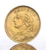 Lote 48 - Moeda de Ouro - 20 Francos da Helvetia de 1935. Peso: 6.45 g. Notas: moeda idêntica foi vendida por € 285 na oportunityleiloes