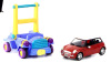 Lote 45 - Conjunto de brinquedos composto de miniatura automóvel de Mini em plástico com 40 cm, miniatura automóvel de descapotável cor de rosa com funcionamento a pilhas com 46 cm, miniatura de carro da Matel azul com 42 cm e miniatura de carro da Fisher