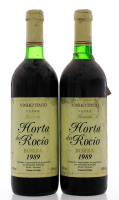 Lote 1994 - Duas garrafas de Vinho Tinto, Horta do Rocio, Reserva, Colheita 1989, Castas: Periquita, Trincadeira e Aragonês, VQPRD, Alexandre Policarpo, Borba, Numerada: 04543 e 04723 de 23.650, (750ml-12%vol). Nota: etiqueta no gargalo, Medalha de Ouro, 