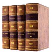 Lote 23 - Livros – Discursos – Oliveira Salazar – Coimbra Editora Lda – 4 volumes compreendendo o período de 1928 a 1950. encadernações inteiras de pele com ferros a ouro nas pastas e lombadas e rótulos nas lombadas. Notas: falta do 5º e 6º volumes. Obra completa à venda por € 400 em http://www.castroesilva.com/store/sku/1106JC021/discursos-e-notas-1928-1966