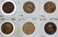 Lote 3051 - Conjunto de 6 Moedas de 20 Reis, da Monarquia Portuguesa, sendo 4 Moedas de D Luiz I e 2 moedas de D. Carlos I, em bronze. 2 moedas de D Luiz de 1883, 2 moedas de D. Luiz de 1884 e 2 moedas de D. Carlos de 1892 sendo 1 de Paris. Nota: em Belas