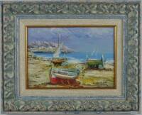 Lote 46 - Quadro com pintura a óleo sobre tela, assinatura ilegível, motivo "Marina com Barcos", com 24x34 cm (moldura lindíssima) 